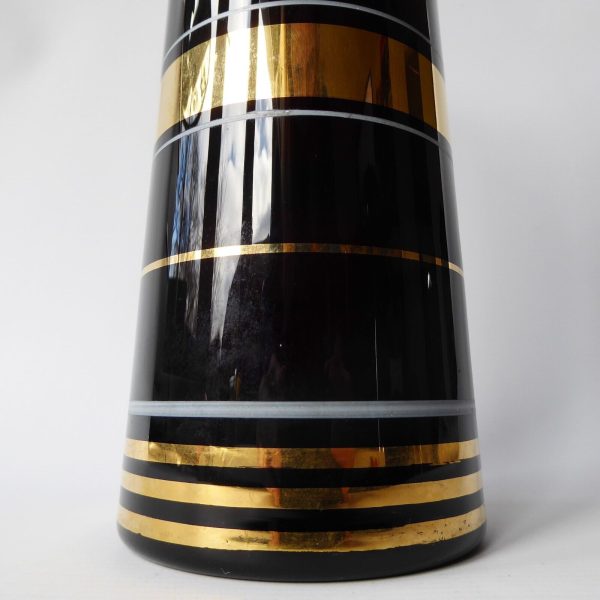 Vintage Borske Sklo art glass tapered vase, gold gilded purple black. Czech 60s - Image 5