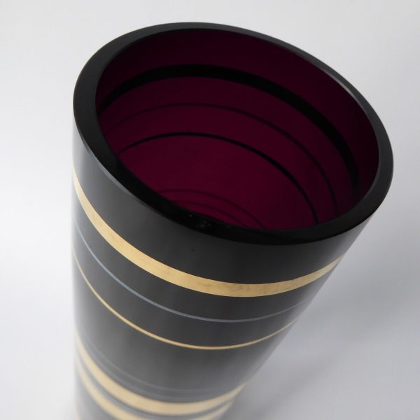 Vintage Borske Sklo art glass tapered vase, gold gilded purple black. Czech 60s - Image 6