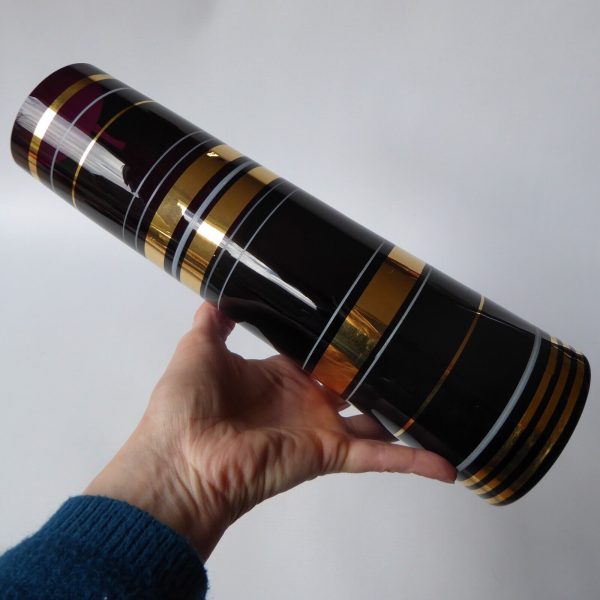 Vintage Borske Sklo art glass tapered vase, gold gilded purple black. Czech 60s - Image 7