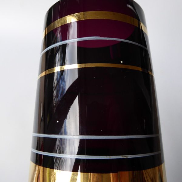 Vintage Borske Sklo art glass tapered vase, gold gilded purple black. Czech 60s - Image 10