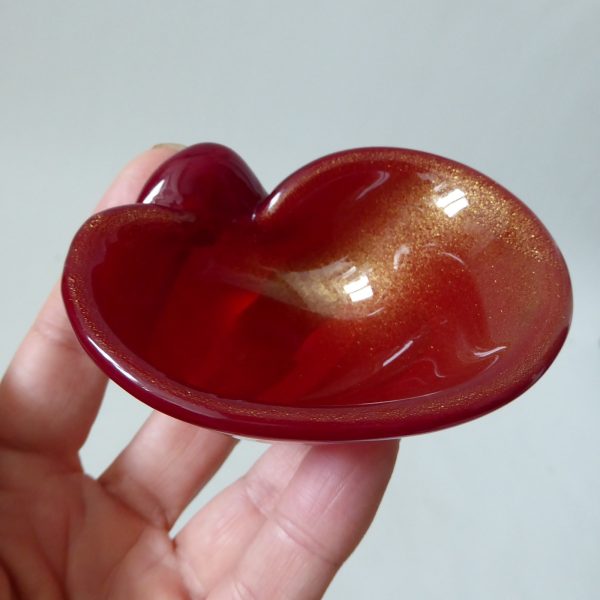 Vintage Murano art glass bowl. Red & Gold speckled small dish ashtray, Italian - Image 11