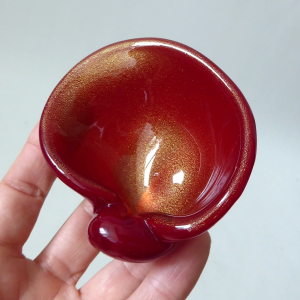 Vintage Murano art glass bowl. Red & Gold speckled small dish ashtray, Italian