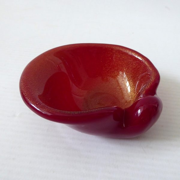 Vintage Murano art glass bowl. Red & Gold speckled small dish ashtray, Italian - Image 7