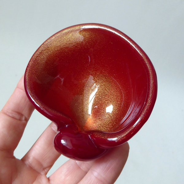 Vintage Murano art glass bowl. Red & Gold speckled small dish ashtray, Italian