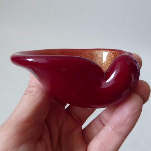 Vintage Murano art glass bowl. Red & Gold speckled small dish ashtray, Italian - Image 10