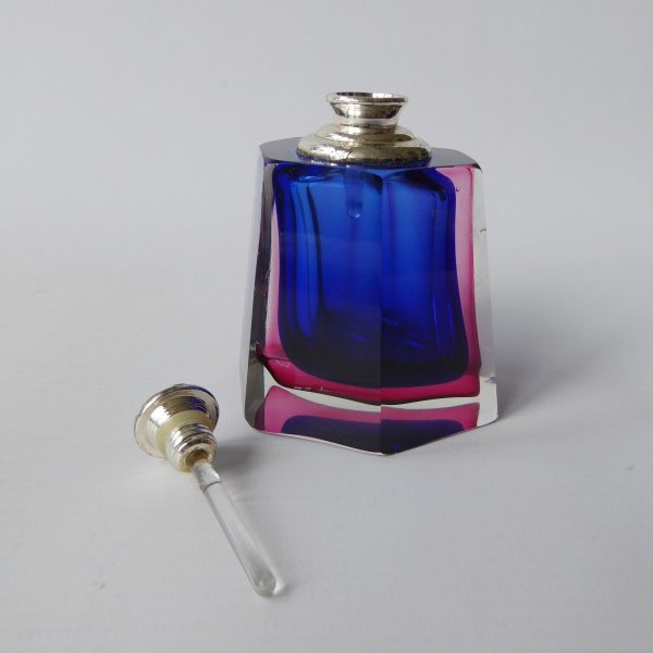 Vintage Murano sommerso faceted art glass cut pink & blue perfume bottle