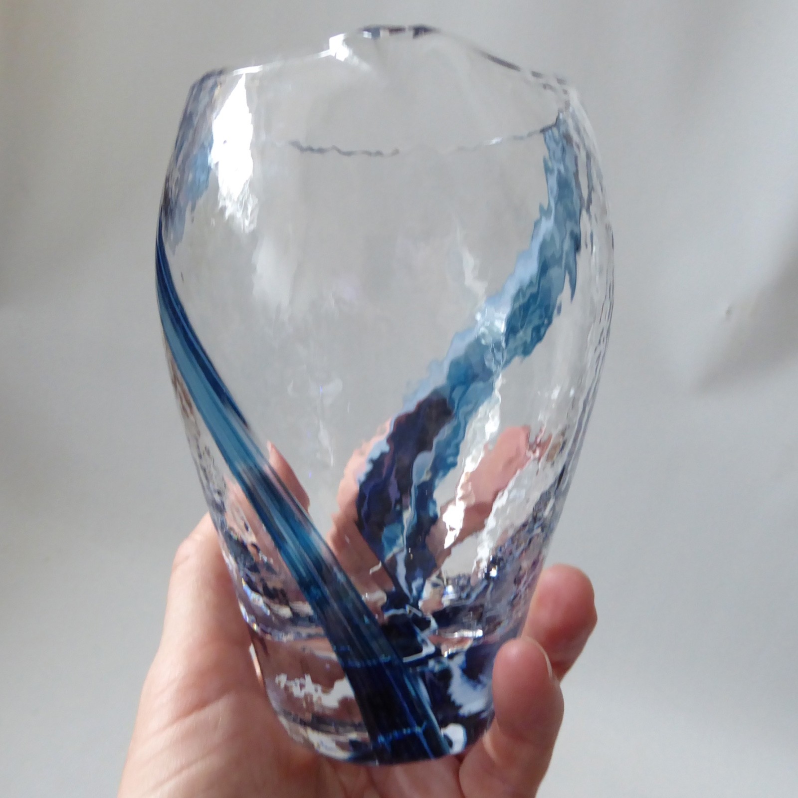 Vintage art glass jug, blue stripes + textured. Like Caithness Oban. Vase pot - Image 10