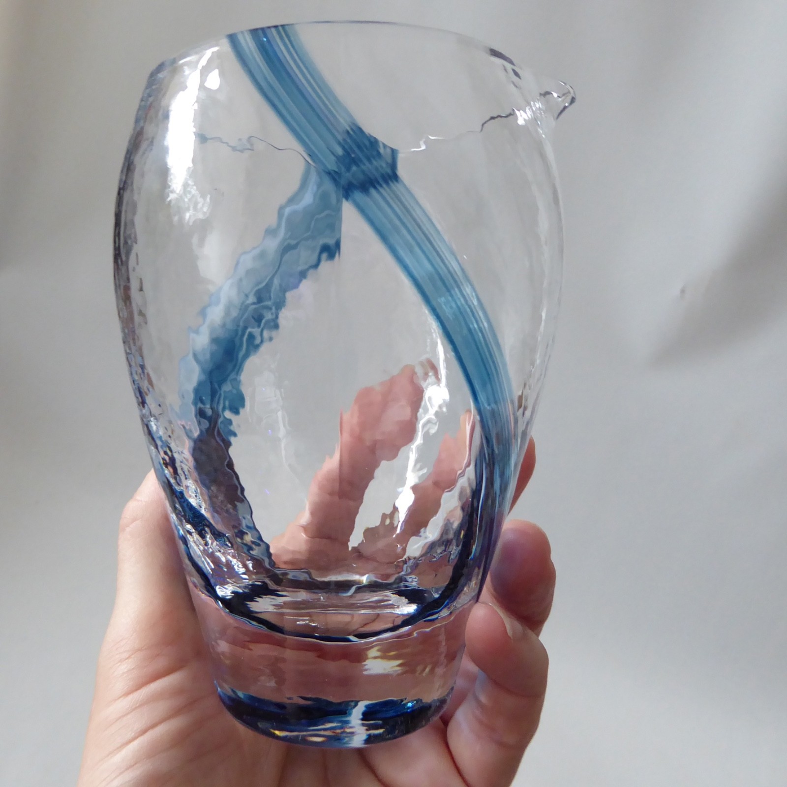 Vintage art glass jug, blue stripes + textured. Like Caithness Oban. Vase pot - Image 11