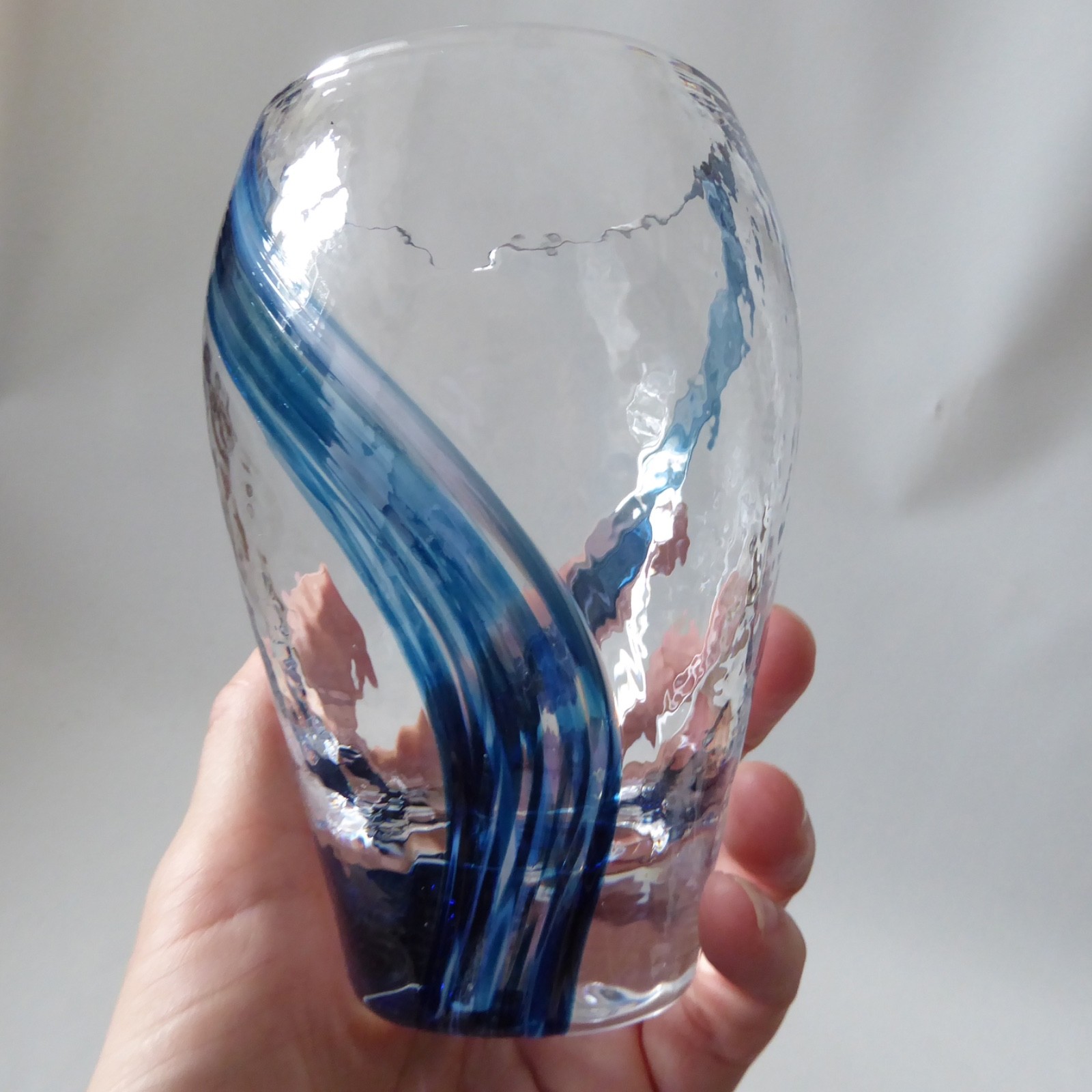 Vintage art glass jug, blue stripes + textured. Like Caithness Oban. Vase pot - Image 12