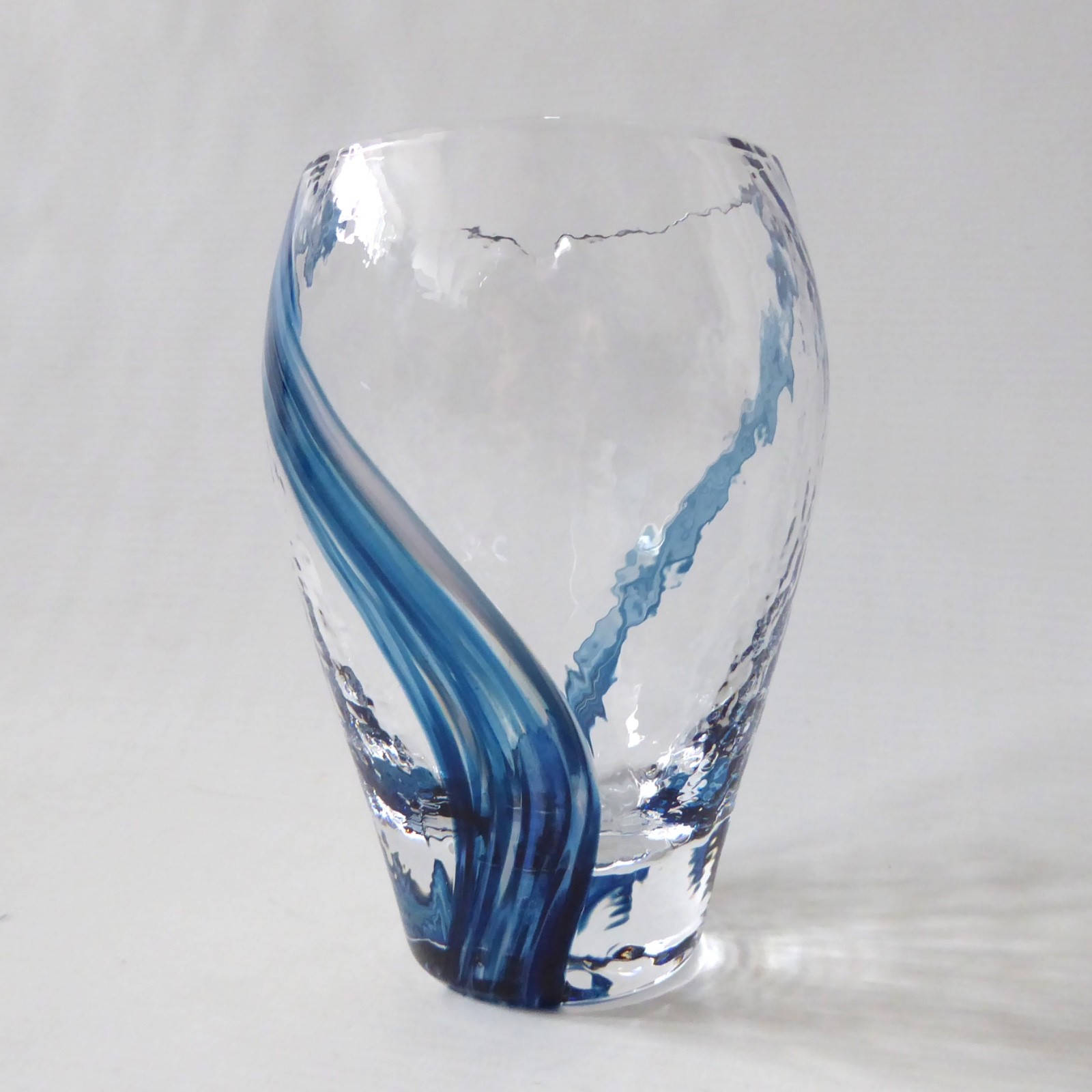 Vintage art glass jug, blue stripes + textured. Like Caithness Oban. Vase pot - Image 3