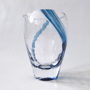 Vintage art glass jug, blue stripes + textured. Like Caithness Oban. Vase pot
