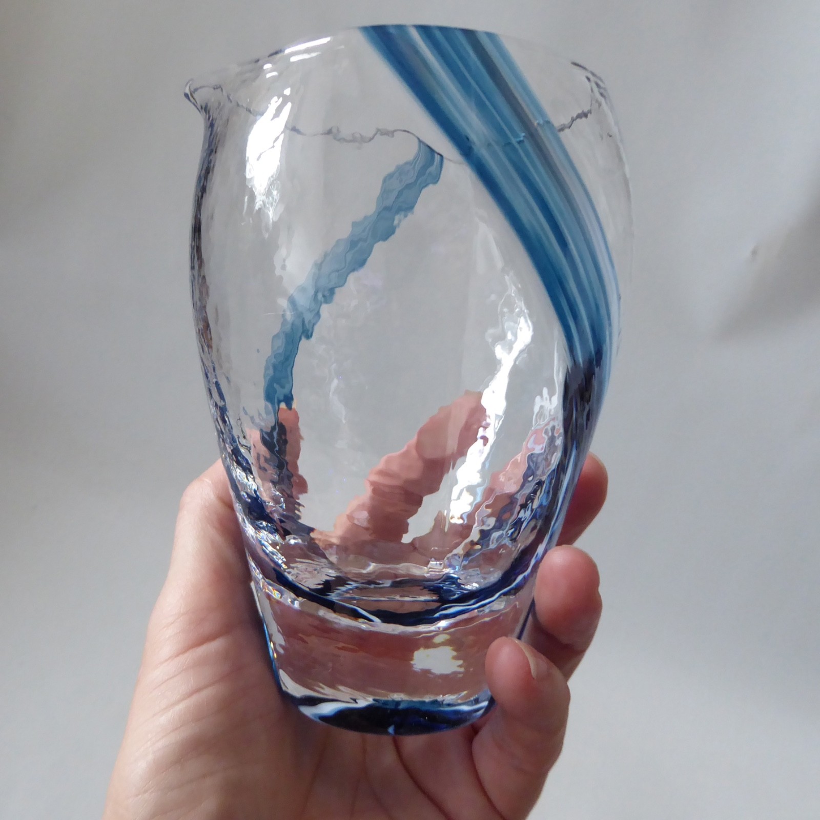 Vintage art glass jug, blue stripes + textured. Like Caithness Oban. Vase pot - Image 9