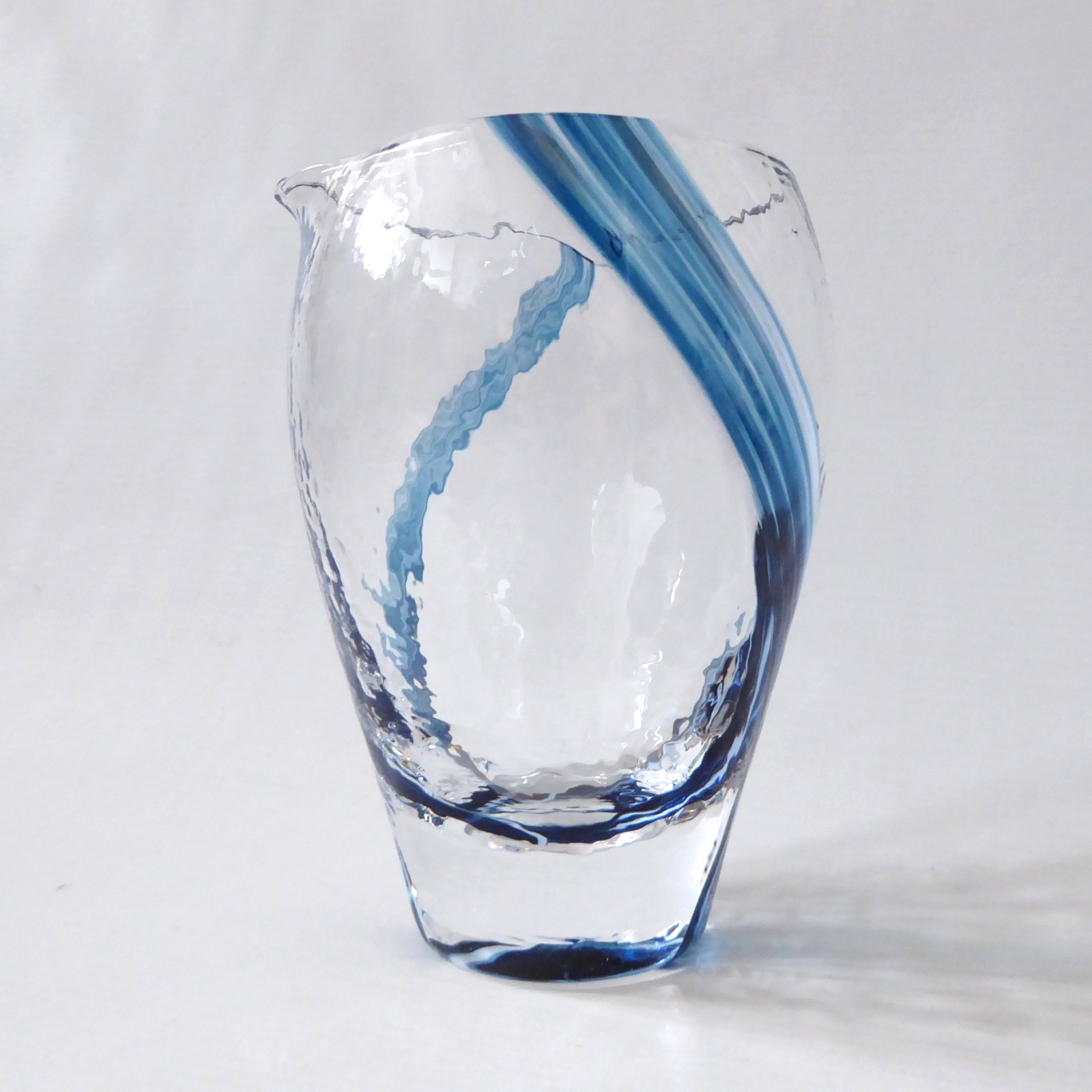 Vintage art glass jug, blue stripes + textured. Like Caithness Oban. Vase pot