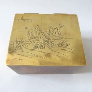 Vintage brass box tin container, horse racing cross-country jumping illustration