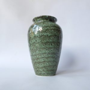 Vintage green/black bubble drip glaze 727 ceramic vase. 21cm baluster pottery.