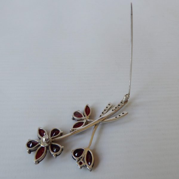 Vintage silver brooch & red glass or gemstone, rhinestone flowers. Czech garnet? - Image 11