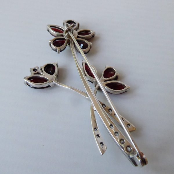 Vintage silver brooch & red glass or gemstone, rhinestone flowers. Czech garnet? - Image 12
