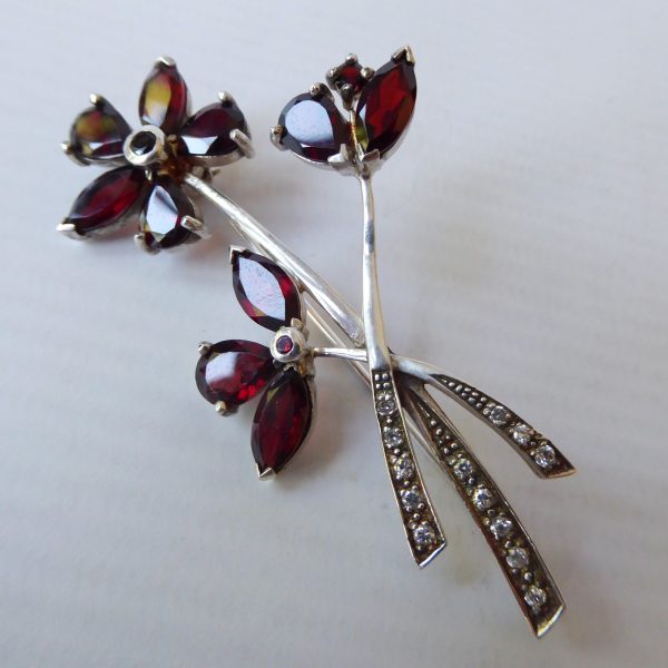 Vintage silver brooch & red glass or gemstone, rhinestone flowers. Czech garnet? - Image 3