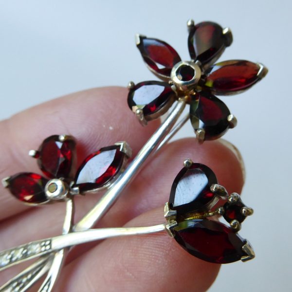 Vintage silver brooch & red glass or gemstone, rhinestone flowers. Czech garnet? - Image 7