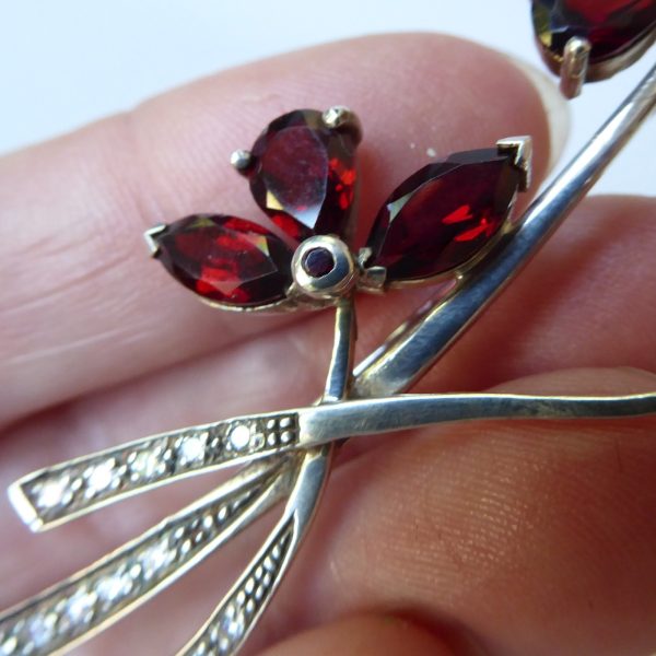 Vintage silver brooch & red glass or gemstone, rhinestone flowers. Czech garnet? - Image 8