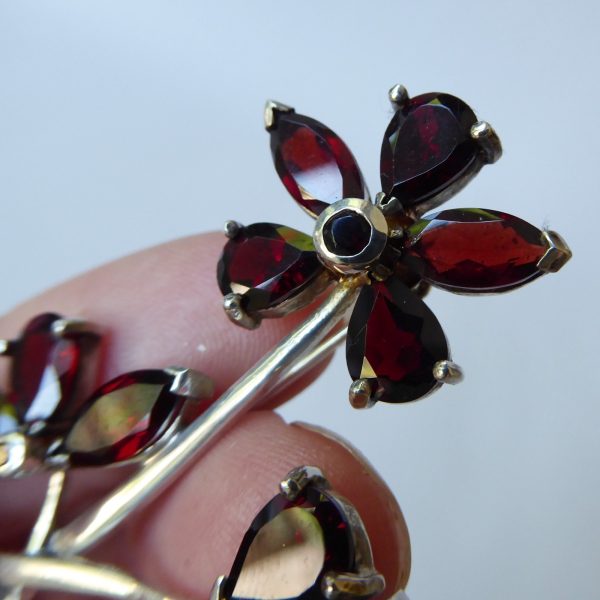 Vintage silver brooch & red glass or gemstone, rhinestone flowers. Czech garnet? - Image 9
