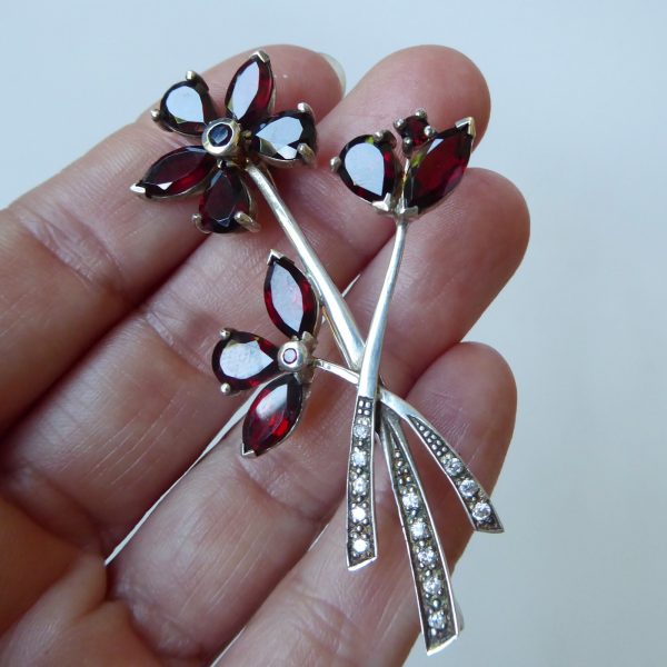 Vintage silver brooch & red glass or gemstone, rhinestone flowers. Czech garnet? - Image 10