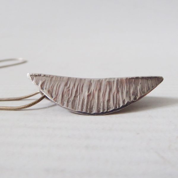 Vintage silver leaf modernist pendant, bark textured & snake chain, Sterling 925 - Image 6