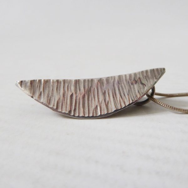 Vintage silver leaf modernist pendant, bark textured & snake chain, Sterling 925 - Image 7