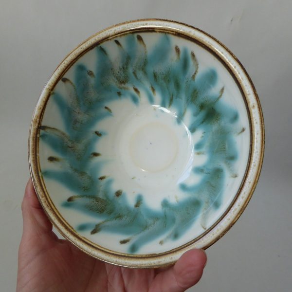 1960s/1970s David Sharp Rye Studio Pottery bowl, duck egg blue + brown art 6" - Image 11