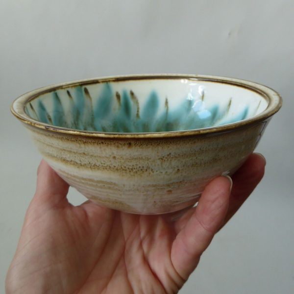 1960s/1970s David Sharp Rye Studio Pottery bowl, duck egg blue + brown art 6" - Image 12