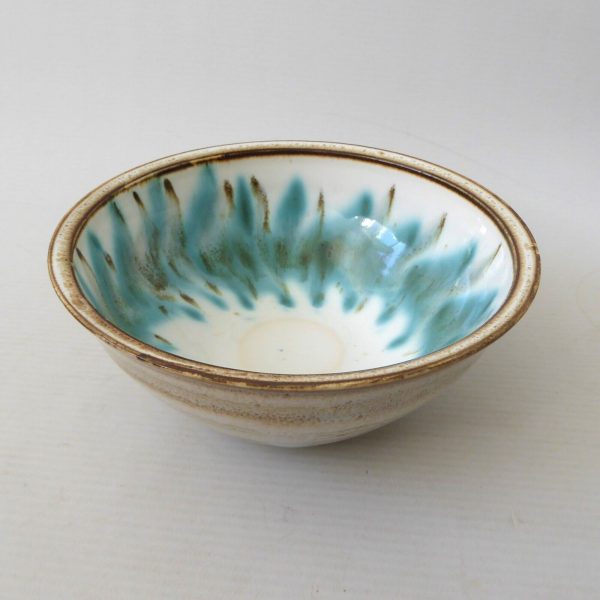 1960s/1970s David Sharp Rye Studio Pottery bowl, duck egg blue + brown art 6" - Image 4