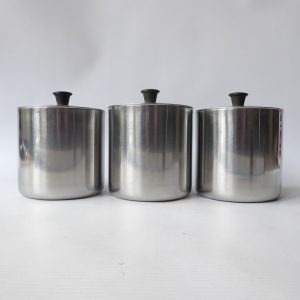 1970s vintage stainless steel canisters, jars, kitchen storage pots, containers