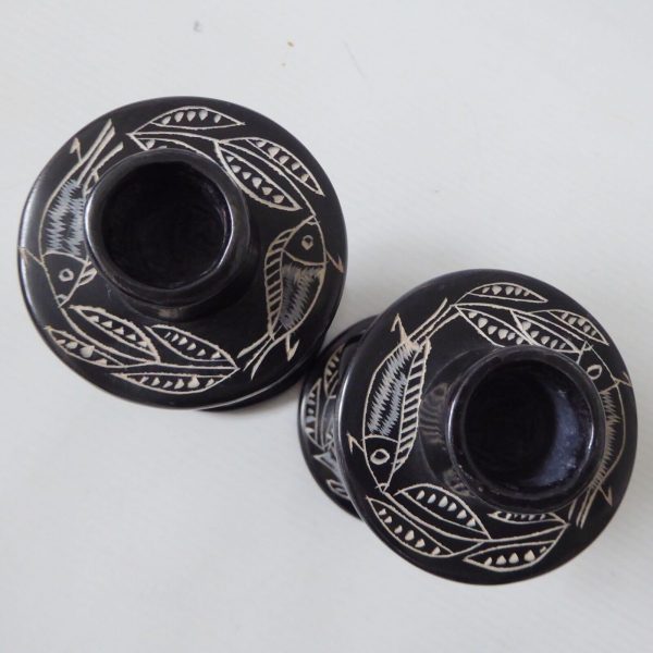 2 vintage African soapstone carved candlesticks. Black + fish & leaves. Kenya - Image 11