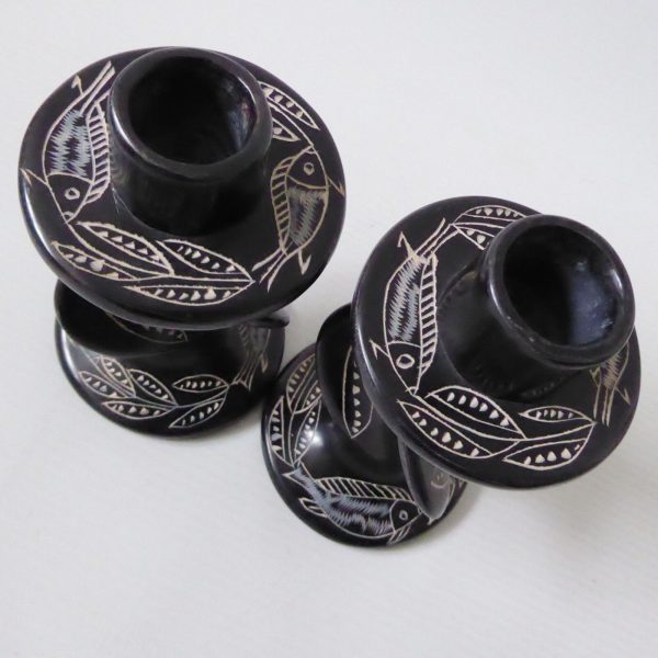 2 vintage African soapstone carved candlesticks. Black + fish & leaves. Kenya - Image 12