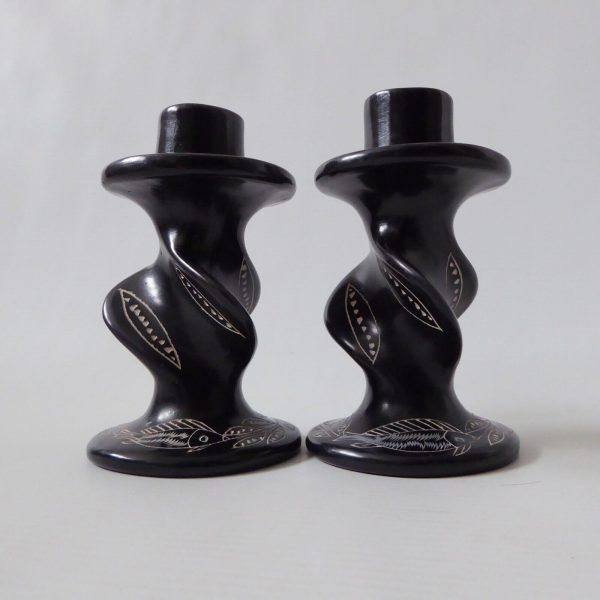 2 vintage African soapstone carved candlesticks. Black + fish & leaves. Kenya - Image 3
