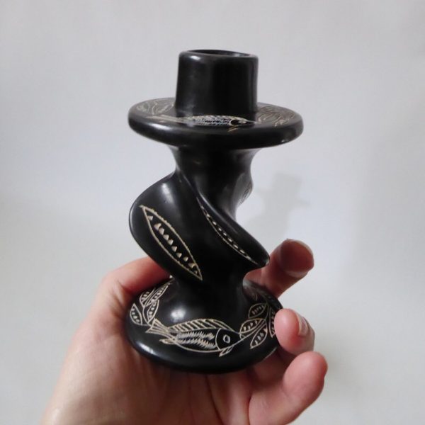 2 vintage African soapstone carved candlesticks. Black + fish & leaves. Kenya - Image 4