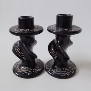 2 vintage African soapstone carved candlesticks. Black + fish & leaves. Kenya