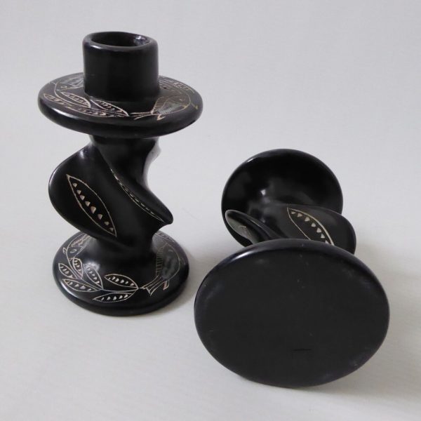 2 vintage African soapstone carved candlesticks. Black + fish & leaves. Kenya - Image 5