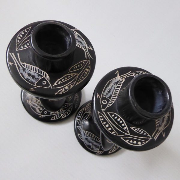 2 vintage African soapstone carved candlesticks. Black + fish & leaves. Kenya - Image 6