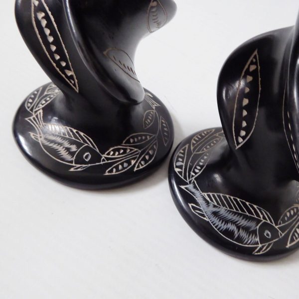 2 vintage African soapstone carved candlesticks. Black + fish & leaves. Kenya - Image 7