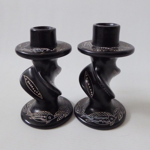 2 vintage African soapstone carved candlesticks. Black + fish & leaves. Kenya