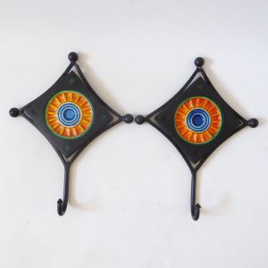 2 vintage orange ceramic tile & black metal wall hanging hooks, retro 8" plaques