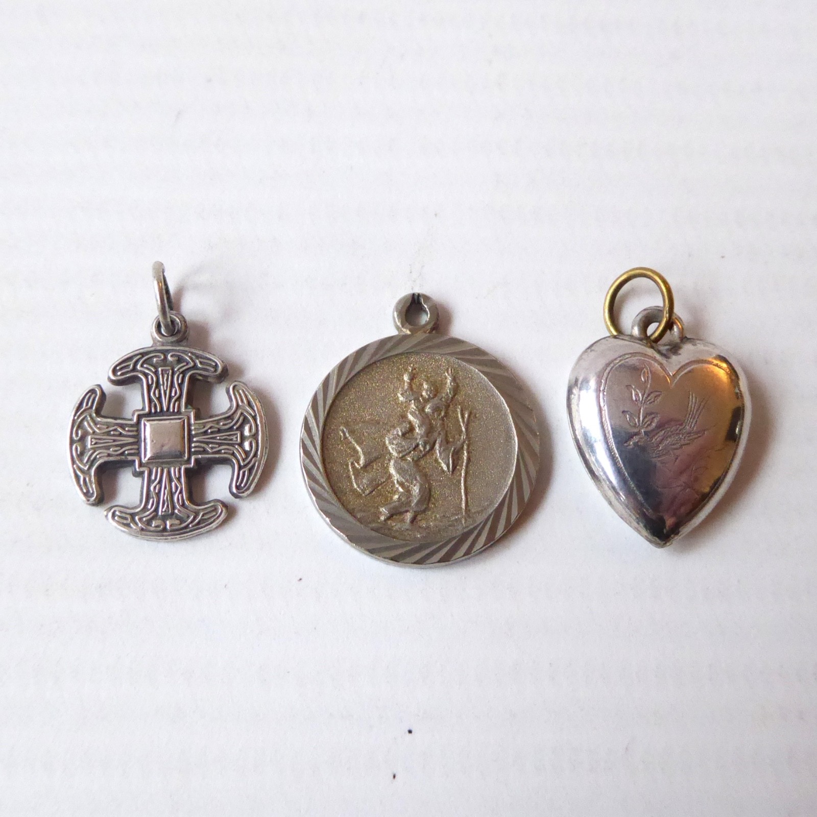 3 x vintage silver pendant. Celtic cross, St Christopher, heart, charms sterling