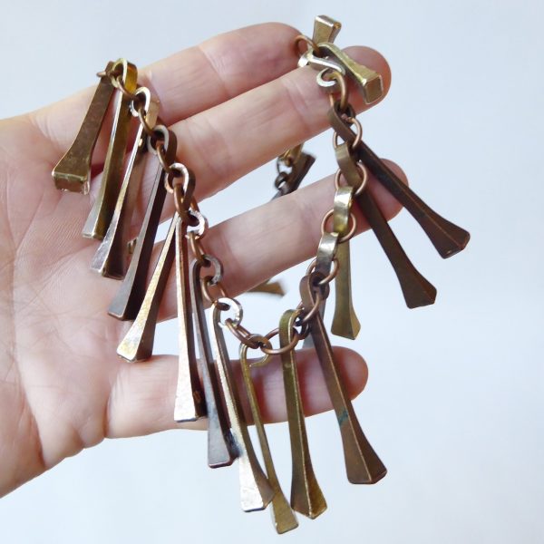 70s vintage horseshoe nail necklace, retro brutalist choker fringe. Steel copper - Image 11