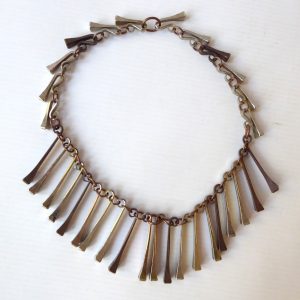 70s vintage horseshoe nail necklace, retro brutalist choker fringe. Steel copper