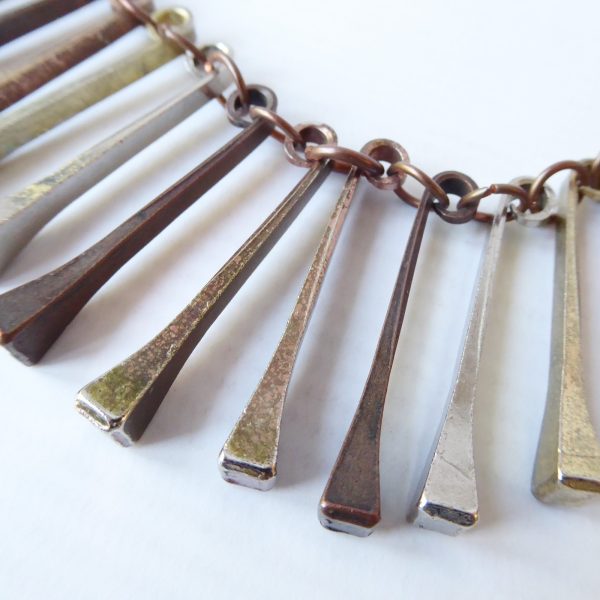 70s vintage horseshoe nail necklace, retro brutalist choker fringe. Steel copper - Image 6