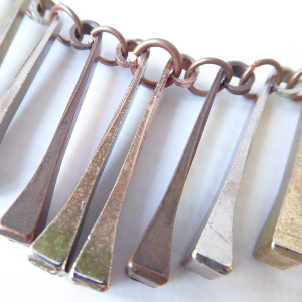70s vintage horseshoe nail necklace, retro brutalist choker fringe. Steel copper - Image 7