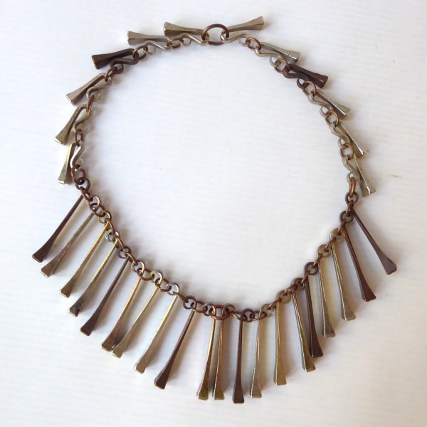 70s vintage horseshoe nail necklace, retro brutalist choker fringe. Steel copper