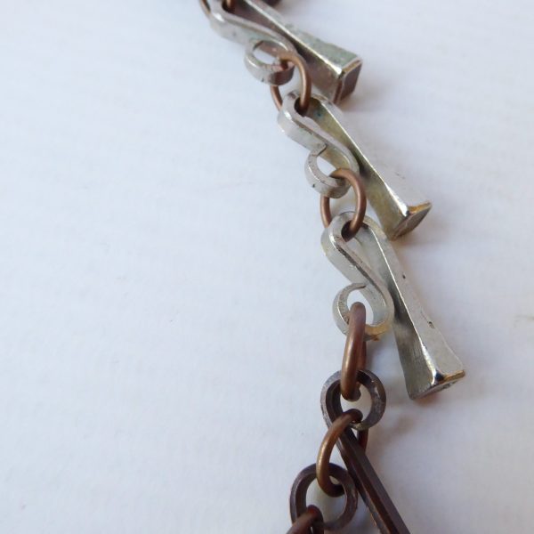 70s vintage horseshoe nail necklace, retro brutalist choker fringe. Steel copper - Image 8