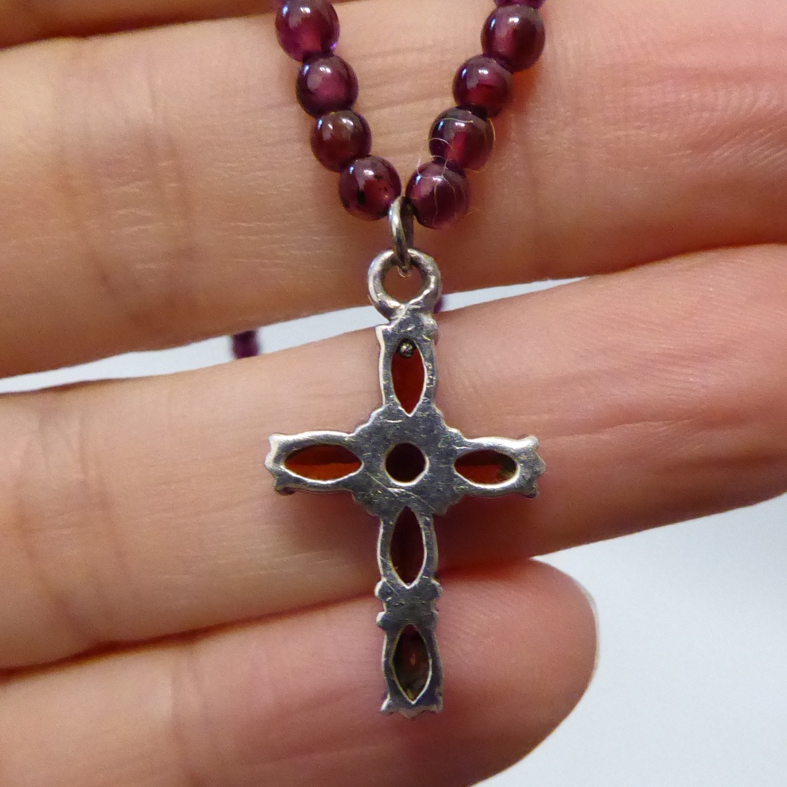 925 sterling silver & red faceted gemstone cross crucifix pendant, bead necklace - Image 11